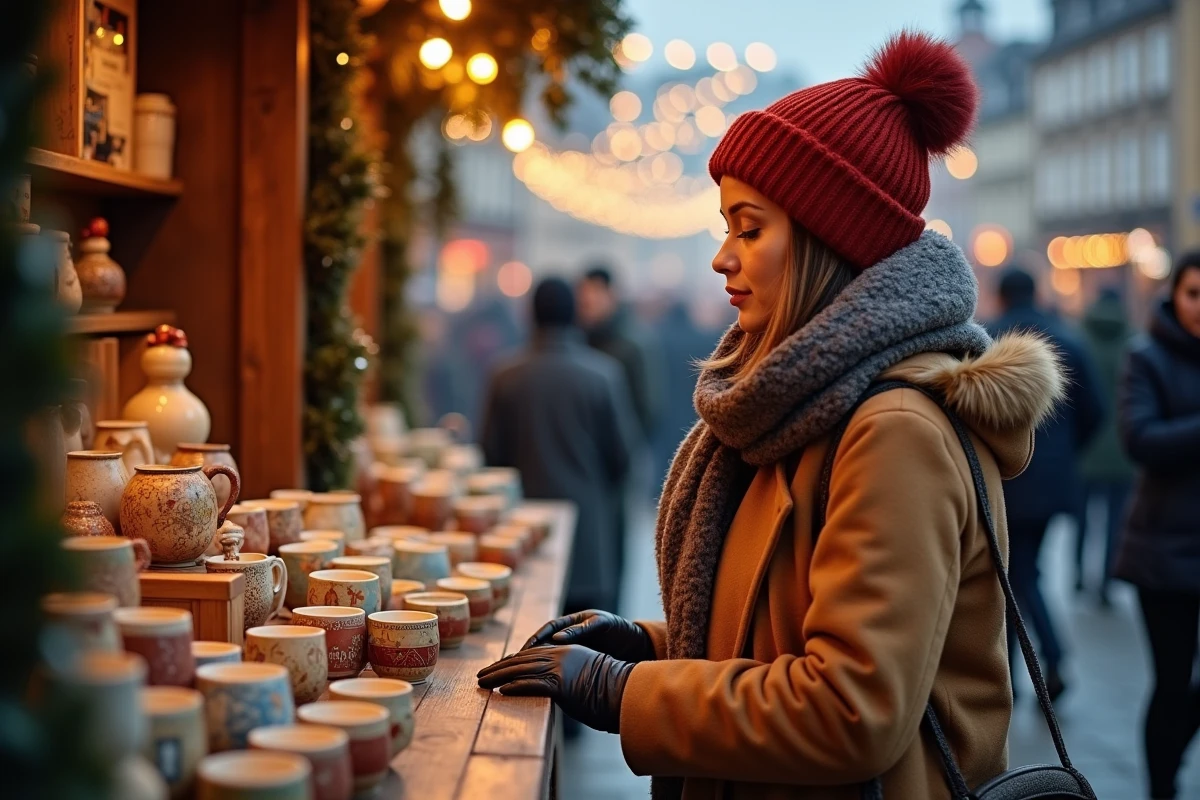 Femme visitant le marché du Nouvel An place Kléber à Strasbourg par une soirée hivernale froide avec décorations festives