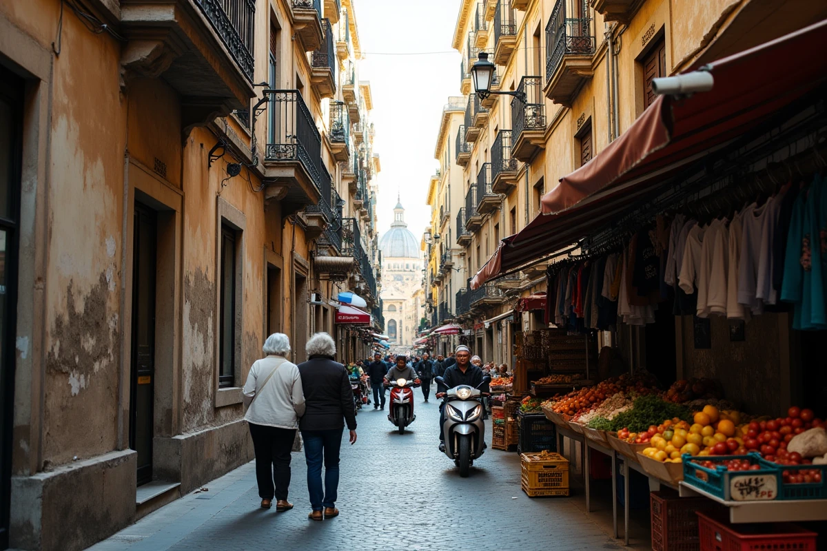 Scène de rue animée dans le centre historique de Naples avec un marché traditionnel à Spaccanapoli