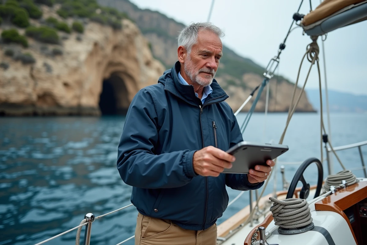 Marin consultant une carte numérique à bord d'un voilier avec les falaises de Corse en arrière-plan
