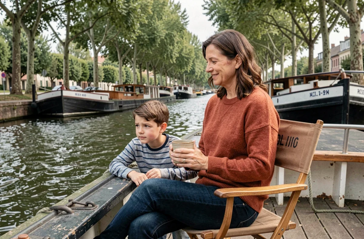 Mère et enfant profitant d'un moment de détente sur la terrasse arrière d'une péniche amarrée le long du Canal du Midi à Toulouse