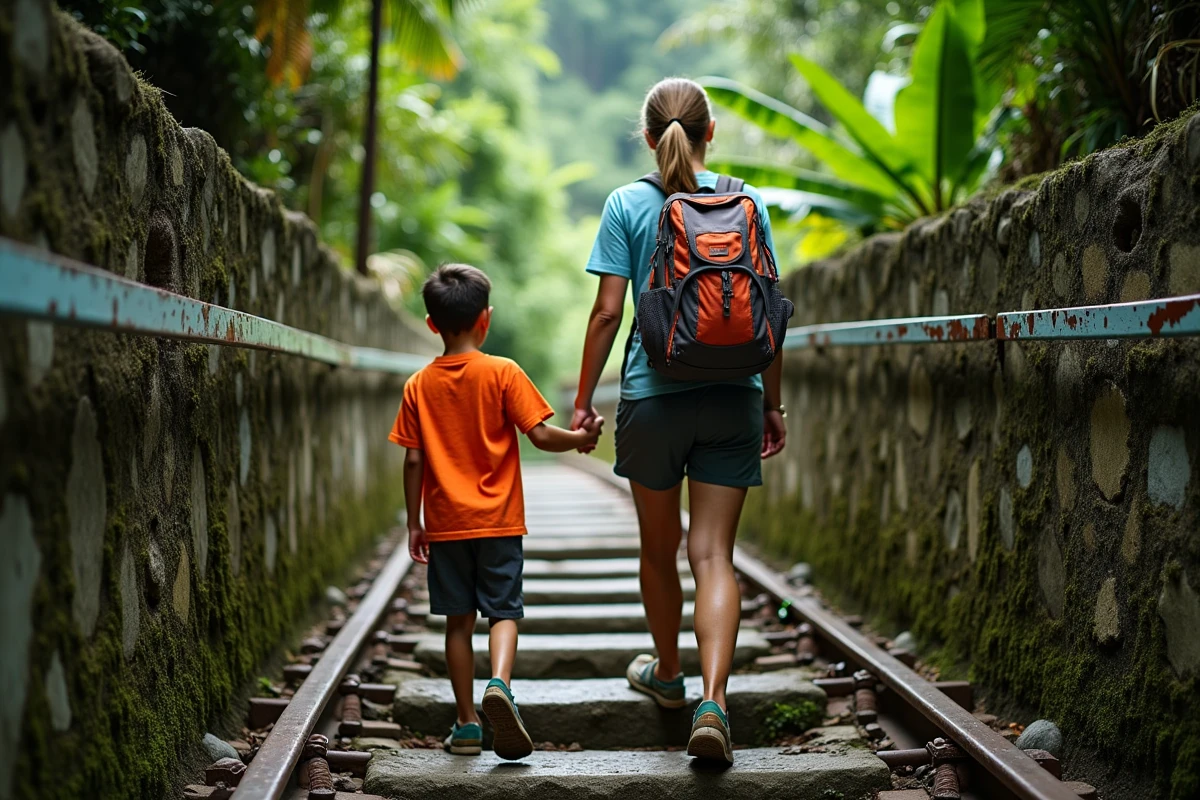 Mère et enfant montant les marches du train du Corcovado entourés de végétation tropicale