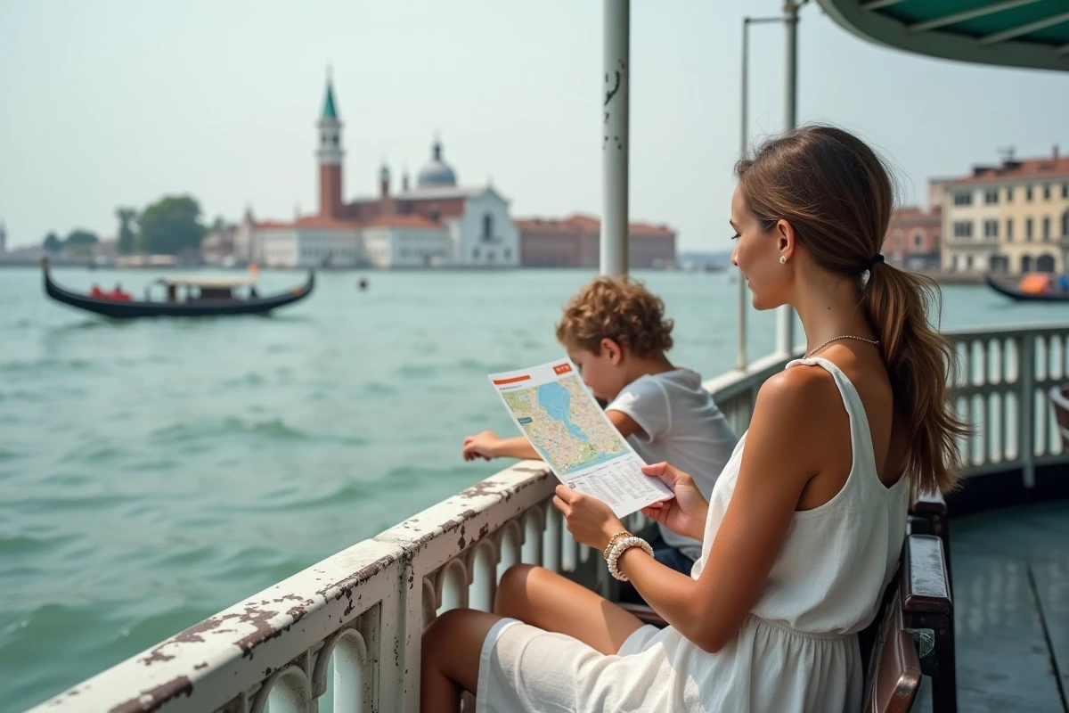 Mère et enfant sur le pont extérieur d'un vaporetto avec vue sur la Salute à Venise