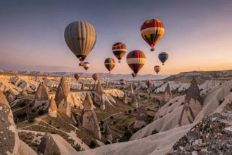 Montgolfières colorées survolant les cheminées de fées de Cappadoce en Turquie au lever du soleil avec un ciel aux teintes dorées et violettes