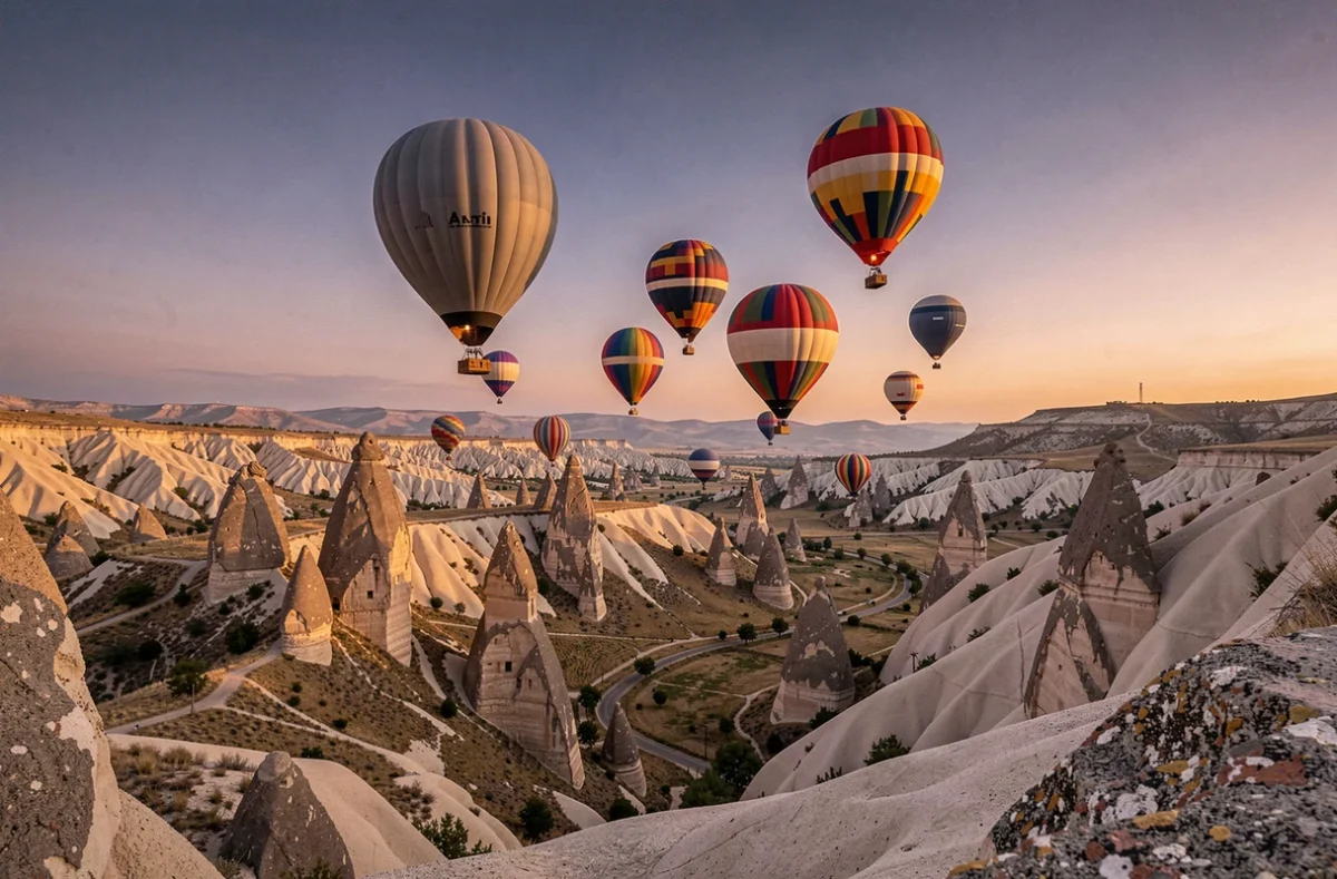 Montgolfières colorées survolant les cheminées de fées de Cappadoce en Turquie au lever du soleil avec un ciel aux teintes dorées et violettes