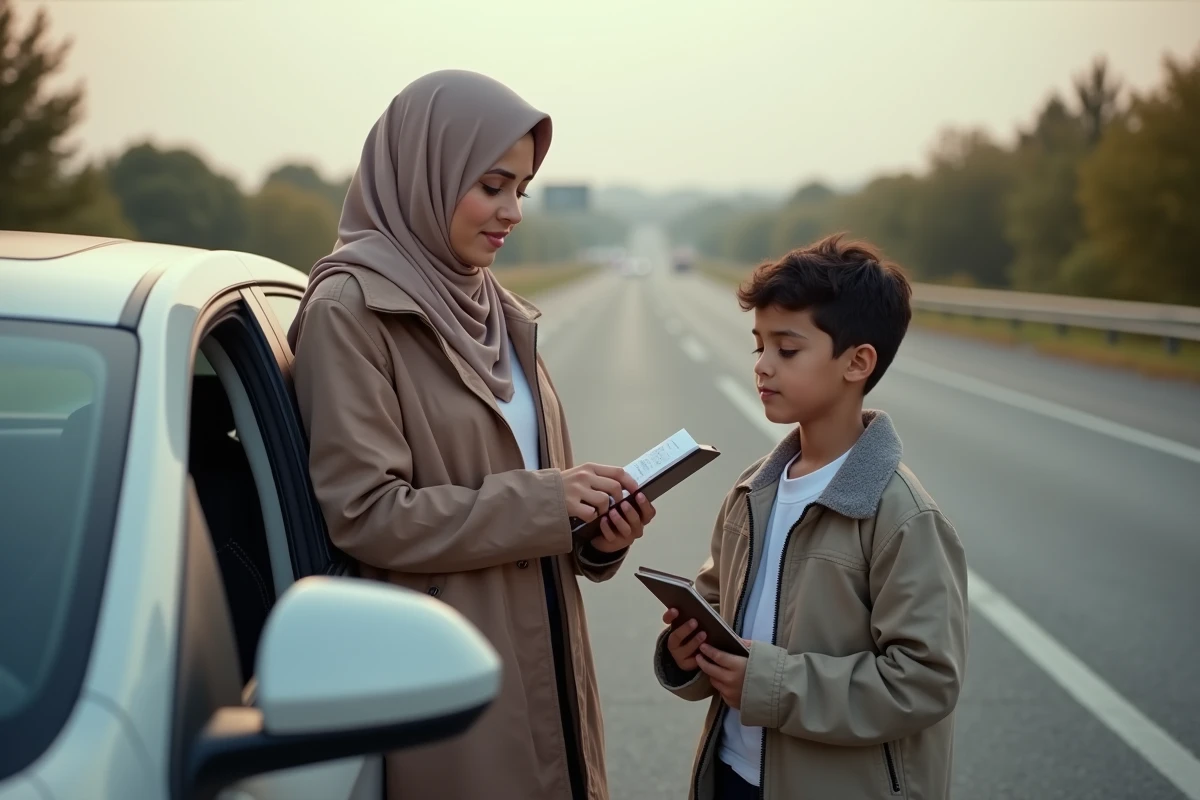 Mère musulmane guide son enfant en priere à côté de la voiture