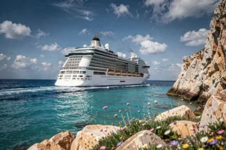 Grand navire de croisière Star Croisières naviguant en mer Méditerranée avec une côte rocheuse en arrière-plan