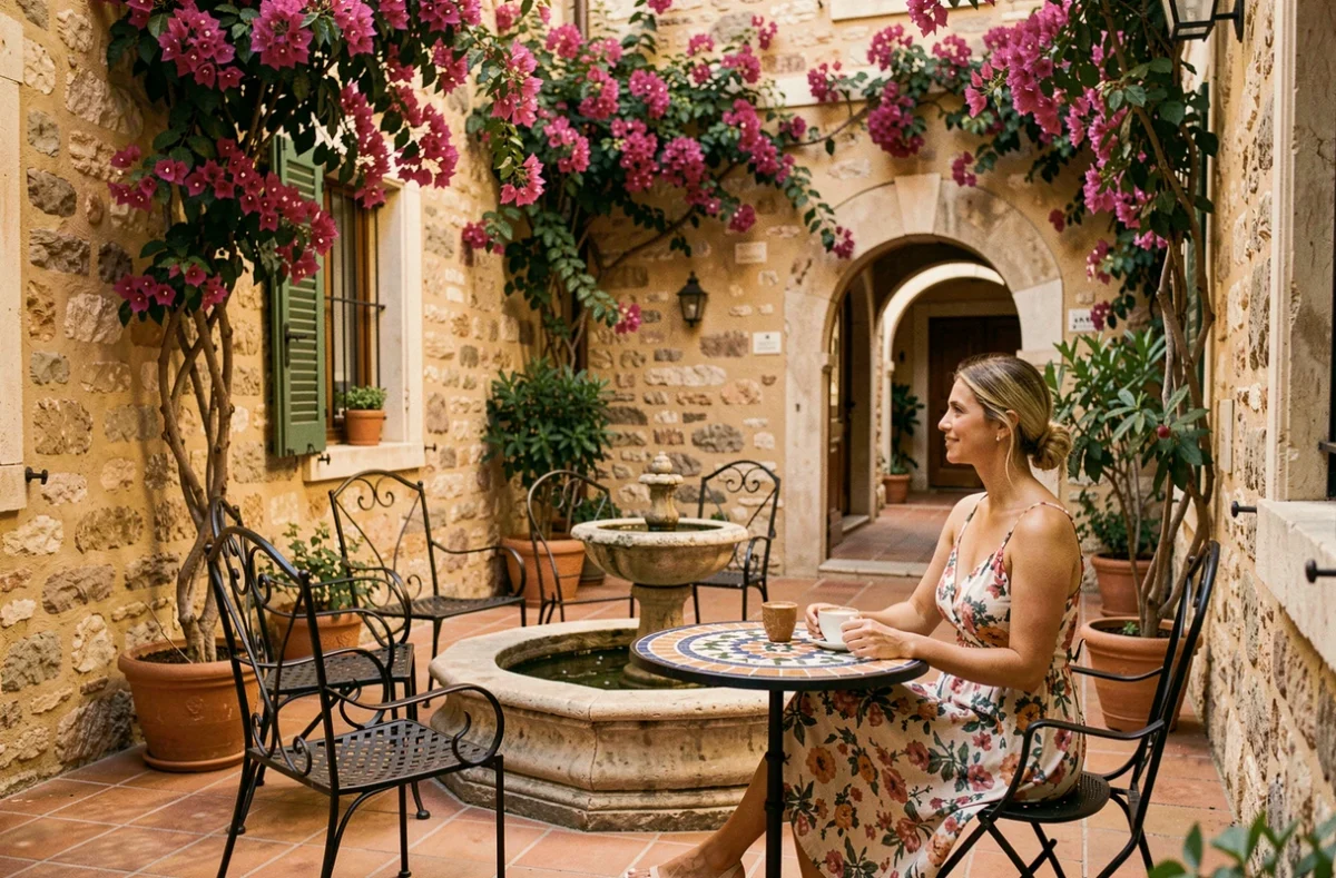 Cour intérieure provençale du Palais Ségurane Boutique Hôtel avec bougainvilliers et mobilier en fer forgé à Nice