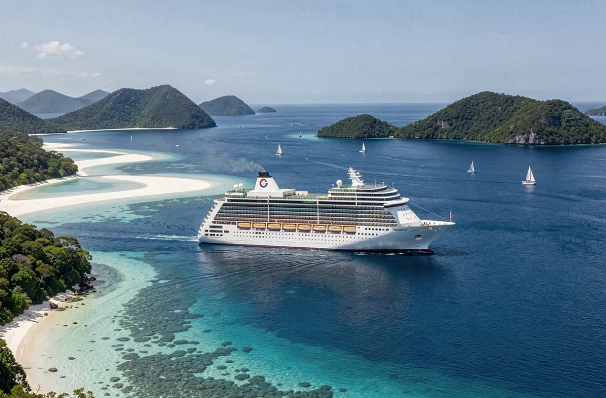 Paquebot de croisière naviguant dans les eaux turquoise des îles Whitsunday en Australie