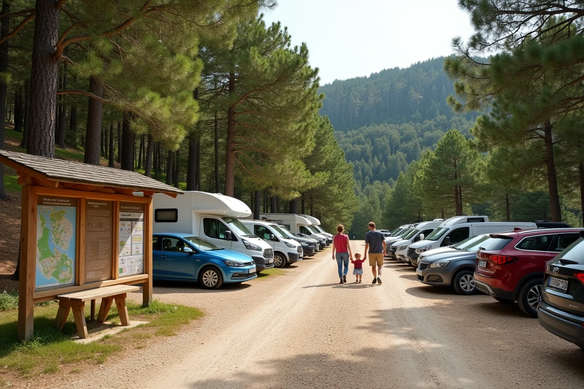 Parking aménagé près de la cascade de la Vis avec panneau d'information et familles en randonnée