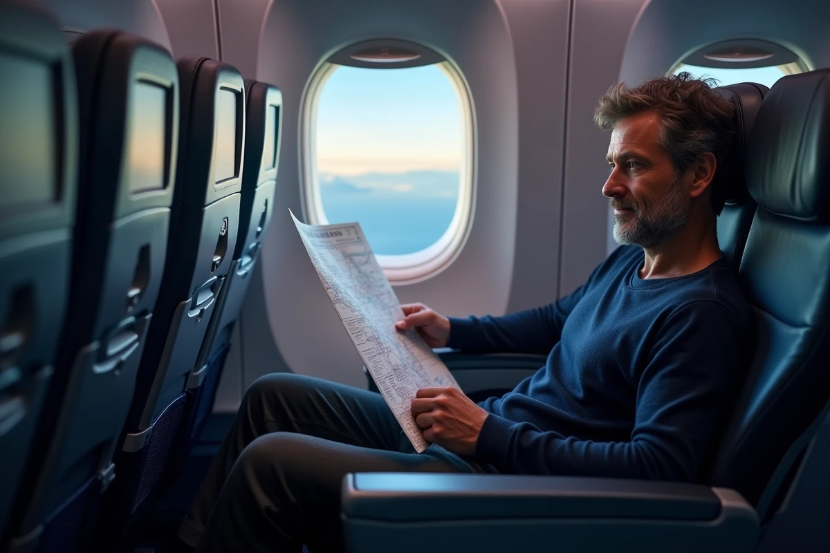 Passager en classe économique premium consultant un itinéraire de vol long-courrier Paris Sydney