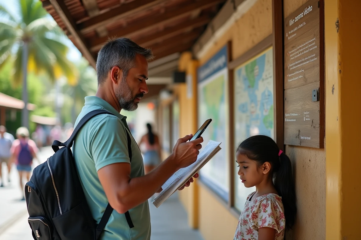 Père et fille consultant un plan à l'entrée de la gare du Corcovado à Rio de Janeiro