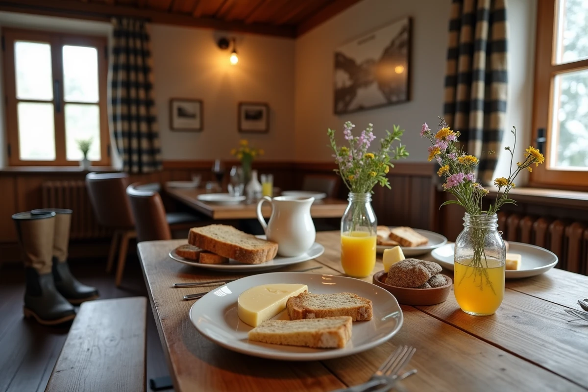 Table de petit-déjeuner traditionnel dans un Berghotel suisse avec équipement de randonnée prêt pour l'ascension vers l'Oeschinensee