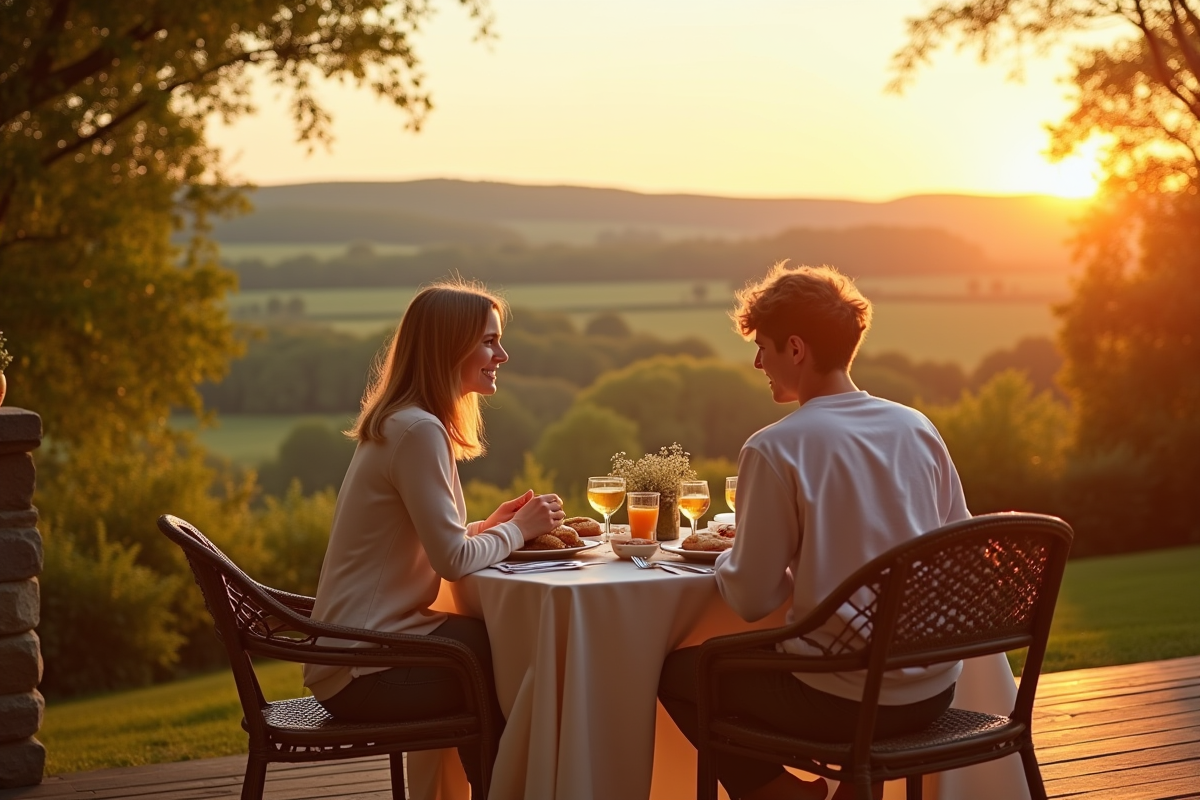 Couple romantique petit-dejeuner sur terrasse en Normandie