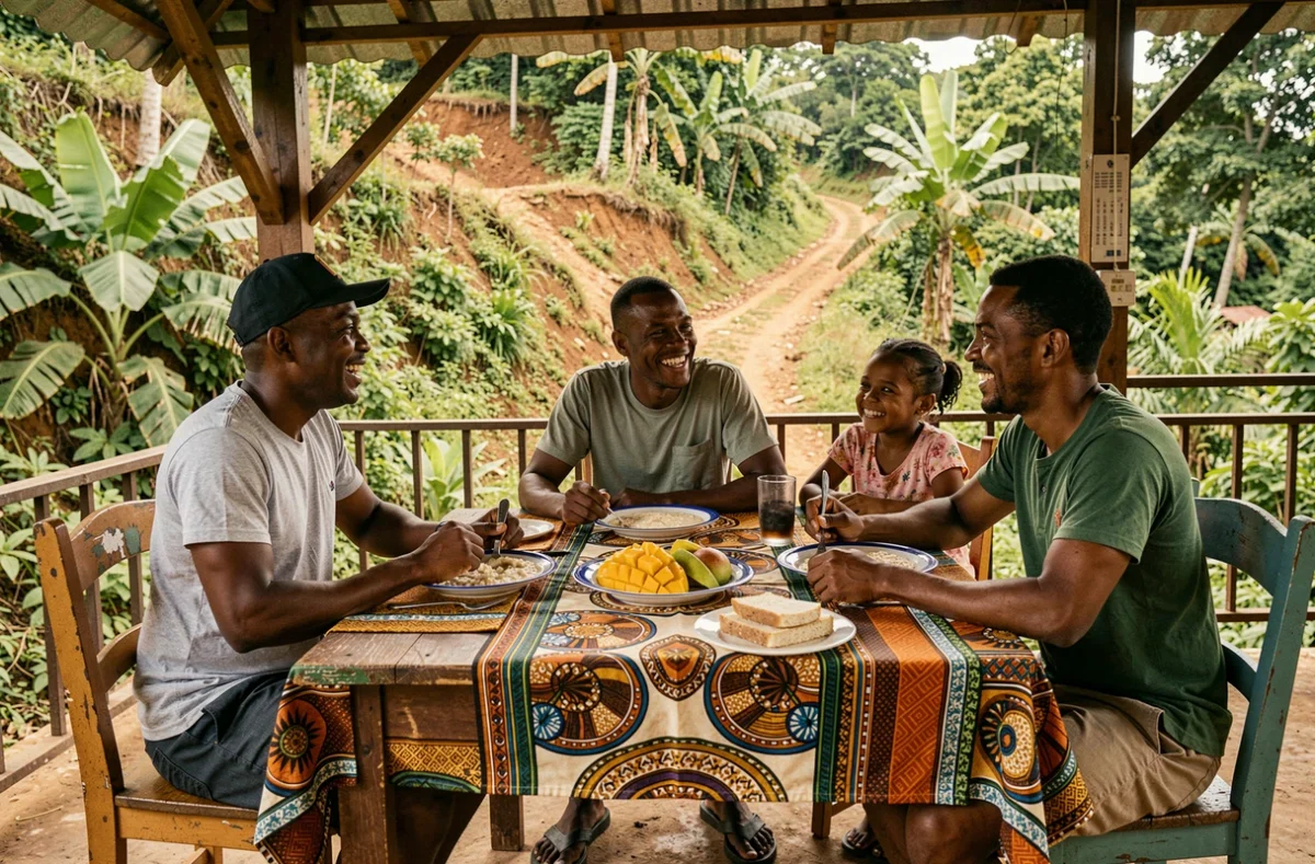 Voyageur partageant un petit-déjeuner traditionnel avec une famille haïtienne sur une terrasse à Ganare