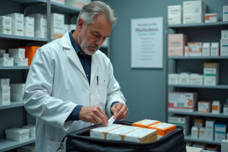 Pharmacien en blanc préparant des médicaments dans une pharmacie