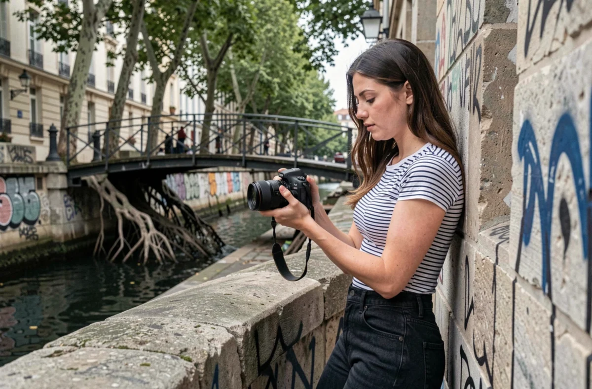 Jeune photographe femme consultant ses photos au bord du Canal Saint-Martin à Paris