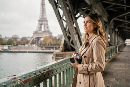 Photographe femme sur le Pont de Bir-Hakeim à Paris avec appareil photo vintage et la Tour Eiffel en arrière-plan