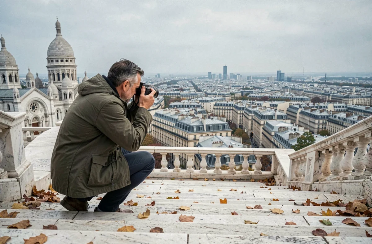 Photographe homme accroupi sur les marches du Sacré-Cœur avec vue panoramique sur Paris
