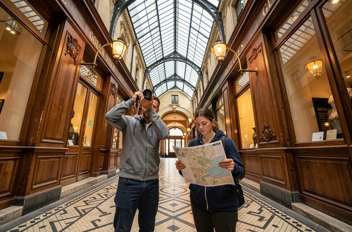 Deux photographes explorant la Galerie Vivienne à Paris avec ses mosaïques et verrières historiques