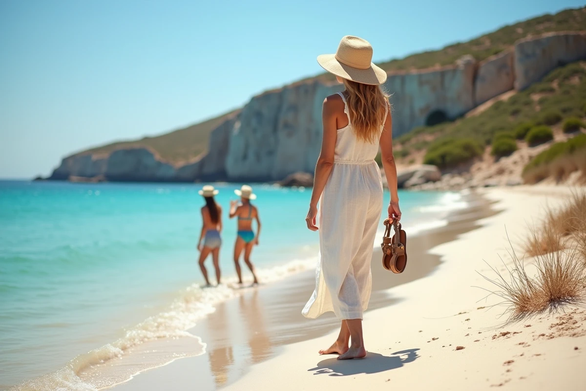 Mère et enfants profitant d'une plage de sable isolée à Kythira, Grèce, avec eau turquoise et falaises calcaires