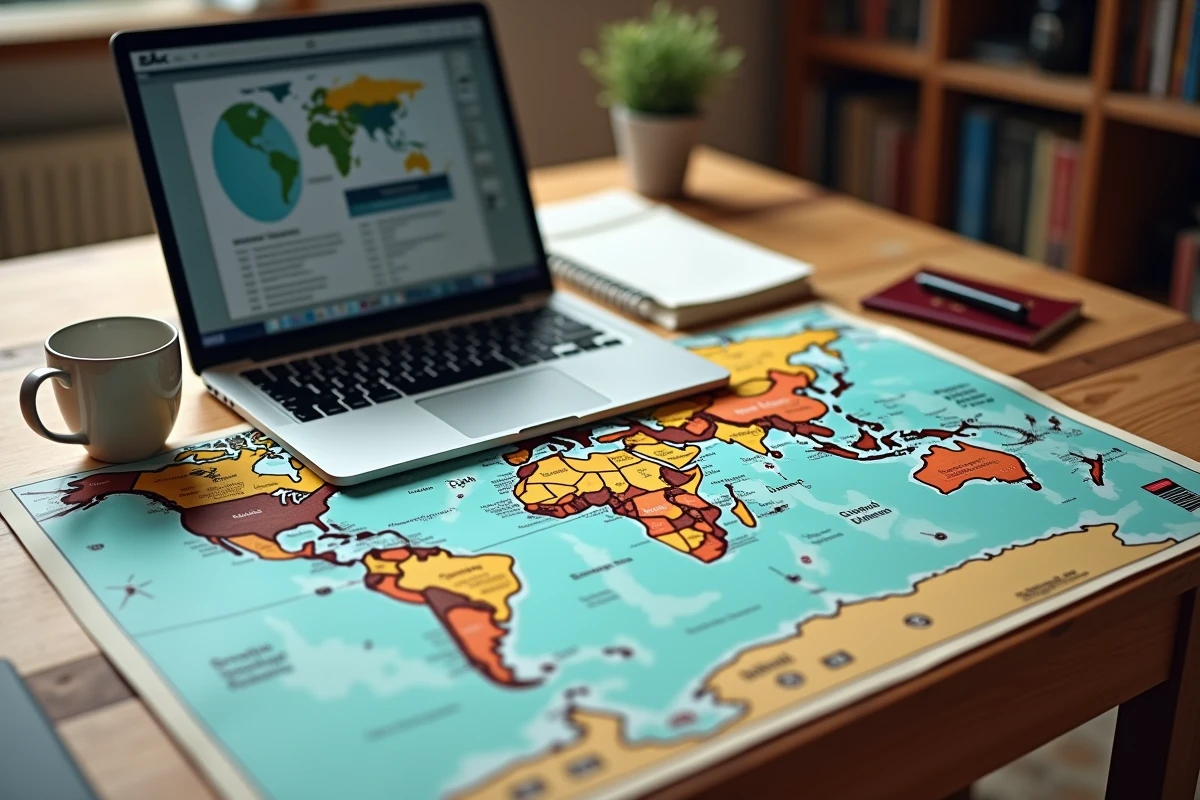Bureau avec carte du monde et comparateur de vols pour préparer un trajet Paris Sydney