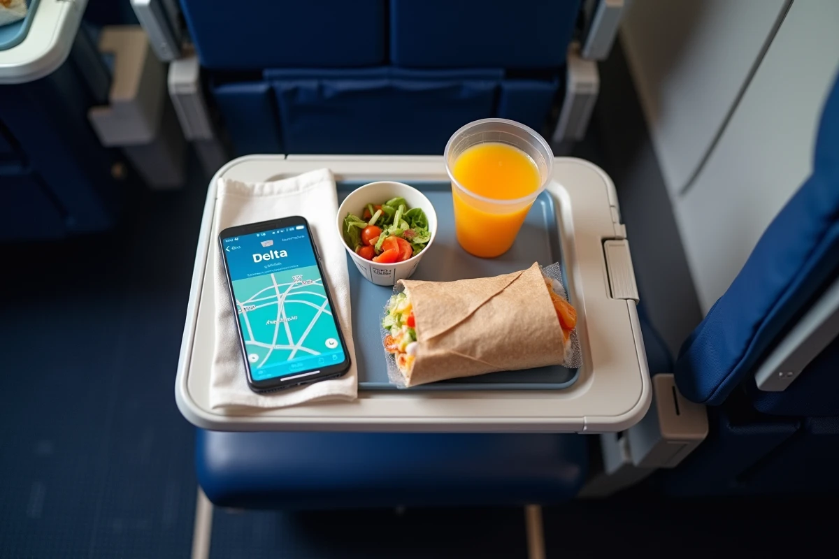 Plateau repas servi en classe économique Delta avec sandwich, salade et jus d'orange sur tablette