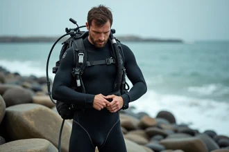 Plongeur masculin ajustant sa ceinture de poids sur la côte rocheuse