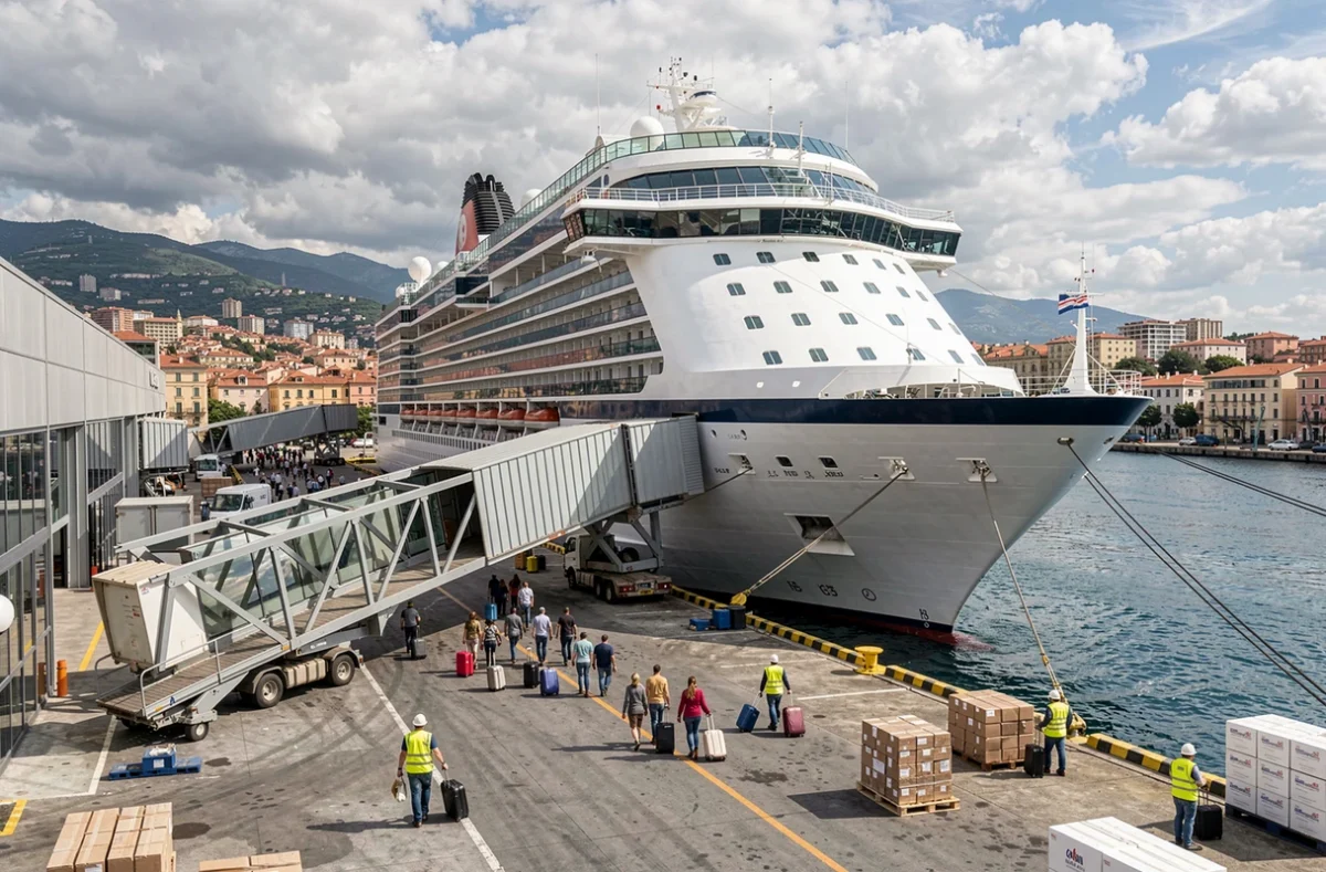 Terminal de croisière animé avec un grand paquebot Star Croisières à quai dans un port méditerranéen