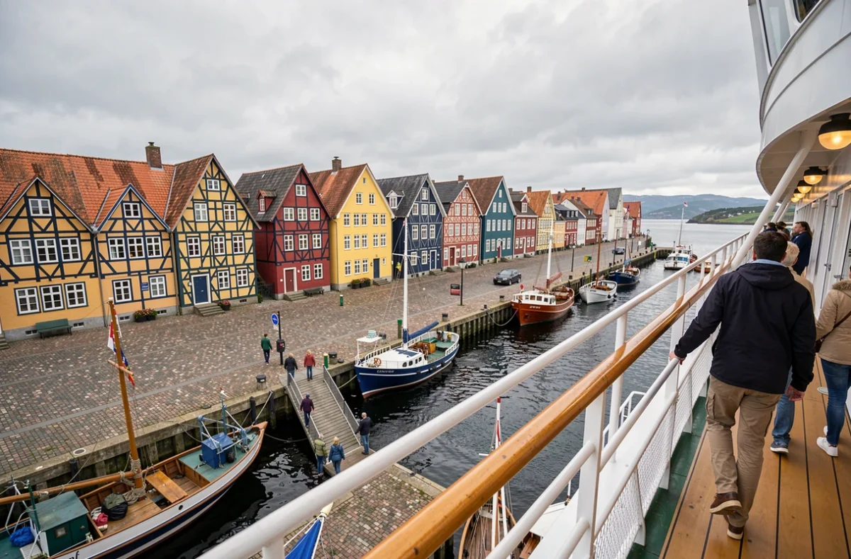 Port scandinave animé vu depuis le pont d'un bateau de croisière en mer du Nord