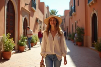 Femme se promenant dans une ruelle de la médina de Marrakech en février avec une architecture traditionnelle marocaine