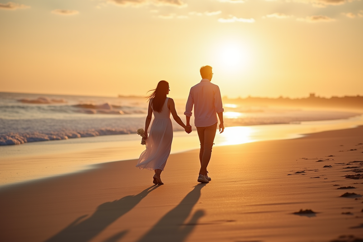Couple main dans la main sur plage normande au coucher de soleil