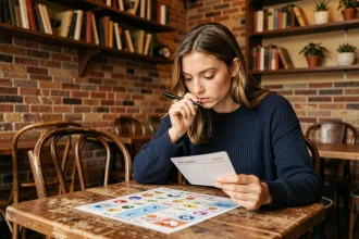 Jeune femme concentrée sur un quiz de culture générale géographique dans un café parisien vintage