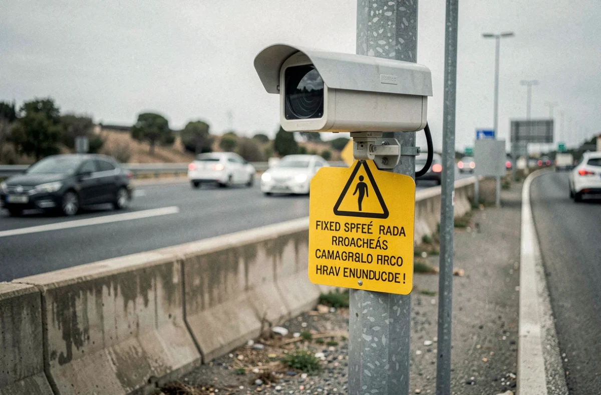 Radar de contrôle de vitesse fixe sur une autoroute espagnole avec panneau d'avertissement jaune