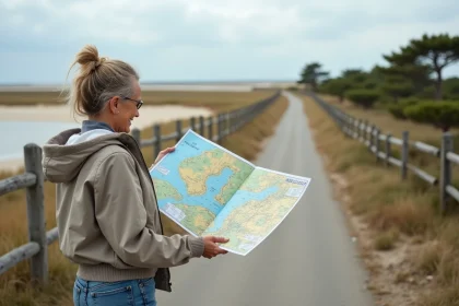 Femme souriante examinant une carte de randonnée à l'île de Ré