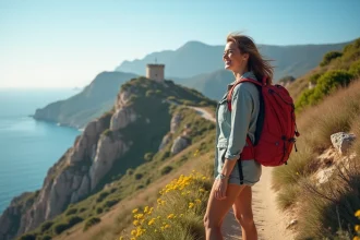 Jeune femme randonneuse regardant la mer en Corse