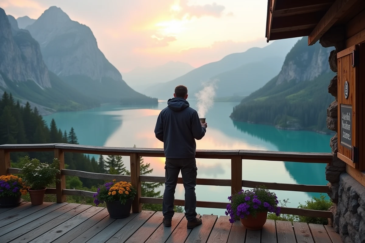 Randonneur sur la terrasse d'un refuge de montagne tenant un café chaud avec vue sur le lac Oeschinensee au petit matin