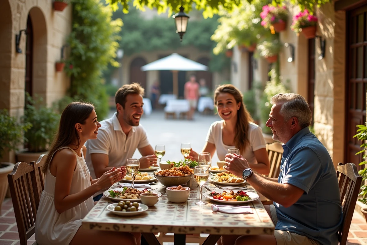 Famille dégustant des mezzés grecs dans une taverne en plein air à Kythira, avec une cour pittoresque aux pots de géraniums