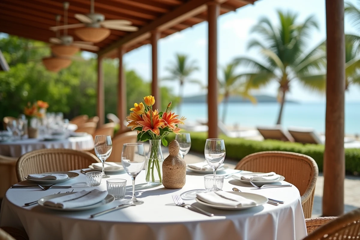 Table gastronomique dressée dans un restaurant d'hôtel 5 étoiles en Guadeloupe avec vue sur le lagon tropical