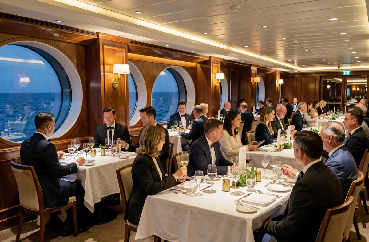 Salle de restaurant de luxe à bord d'un bateau de croisière avec des passagers élégamment habillés