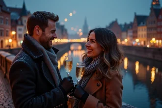 Couple fêtant le Nouvel An sur le Pont du Corbeau à Strasbourg avec champagne et feux d'artifice au-dessus de la Petite France