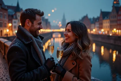 Couple fêtant le Nouvel An sur le Pont du Corbeau à Strasbourg avec champagne et feux d'artifice au-dessus de la Petite France