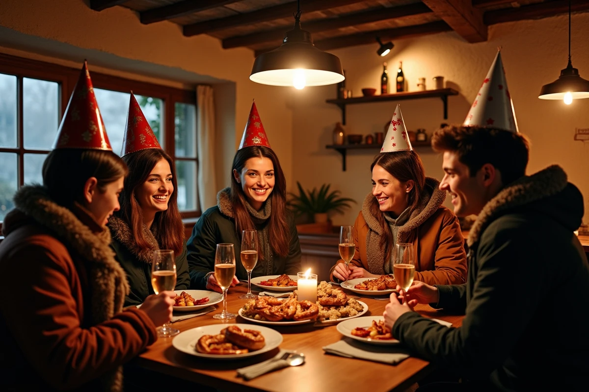 Groupe d'amis célébrant le réveillon du Nouvel An dans une winstub traditionnelle alsacienne à Strasbourg avec choucroute et crémant