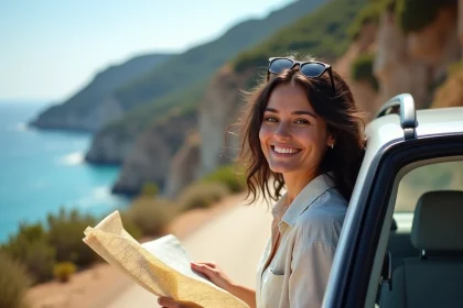 Femme consultant une carte routière appuyée contre sa voiture sur une route côtière de Corse avec vue sur une crique turquoise