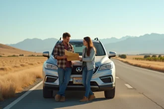 Couple en road trip sur l'autoroute entre Los Angeles et San Francisco avec une carte routière au bord de la route californienne