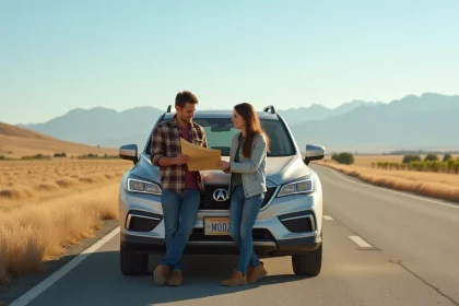 Couple en road trip sur l'autoroute entre Los Angeles et San Francisco avec une carte routière au bord de la route californienne