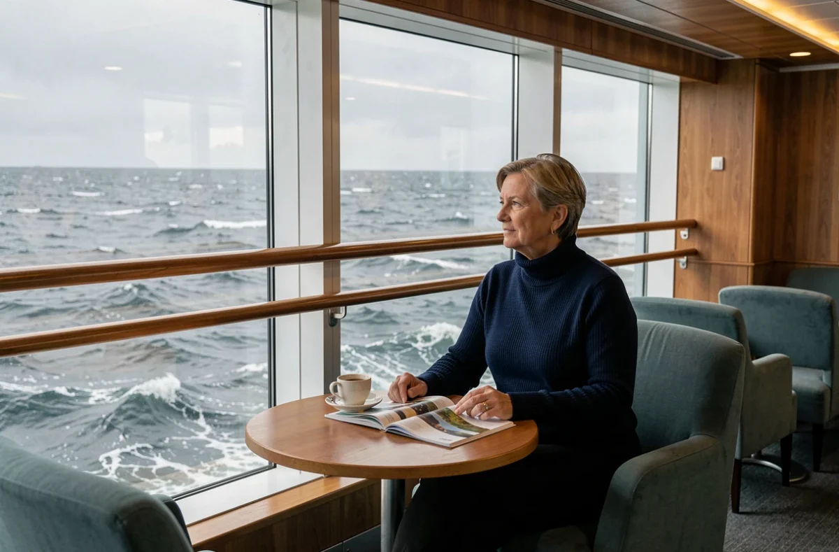 Passagère lisant un guide de voyage dans le salon panoramique d'un bateau de croisière face à la mer du Nord