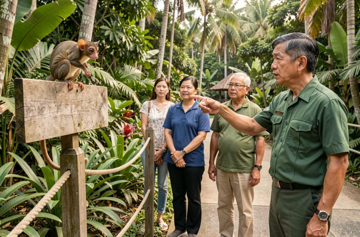 Touristes observant un tarsier au sanctuaire de Loboc à Bohol aux Philippines avec un guide local