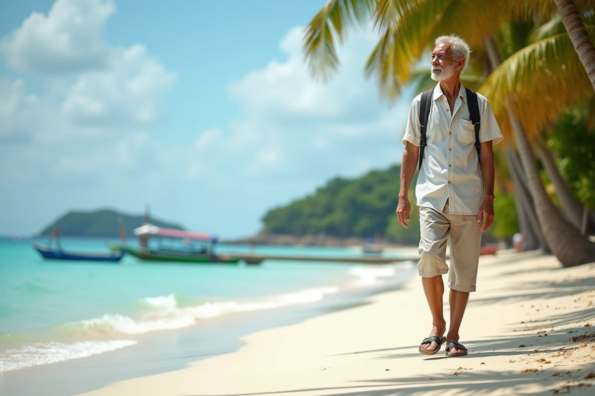 Senior homme se promenant sur une plage de Koh Samui en Thaïlande, conseils de voyage confortable et sécurisé pour seniors