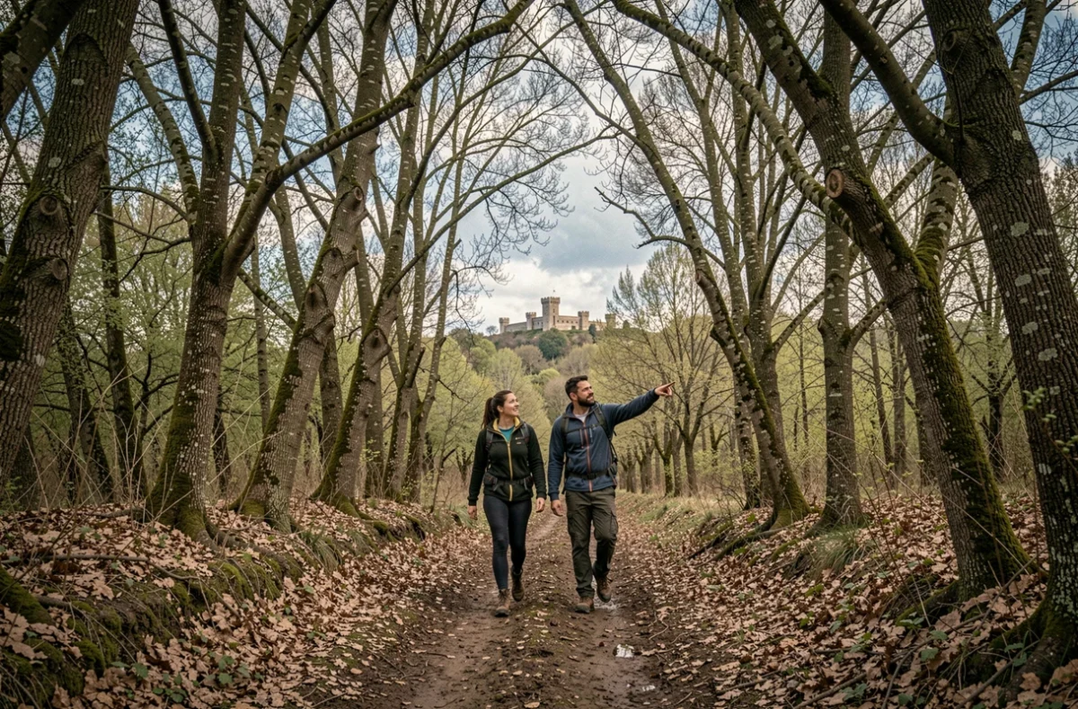 Couple de randonneurs sur le sentier boisé menant au château de Requesens au printemps, découverte du site en dehors de la haute saison