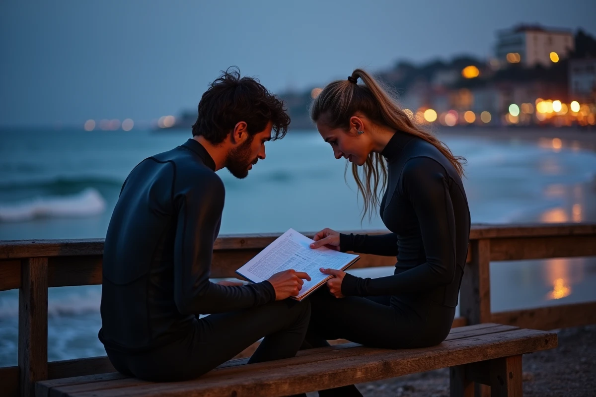 Deux surfeurs consultant le calendrier des marées de Biarritz en soirée sur la promenade côtière